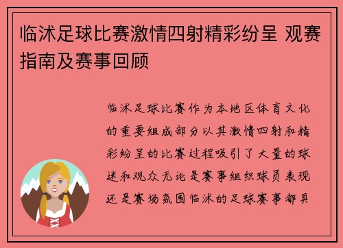 临沭足球比赛激情四射精彩纷呈 观赛指南及赛事回顾