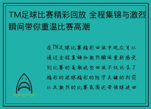 TM足球比赛精彩回放 全程集锦与激烈瞬间带你重温比赛高潮