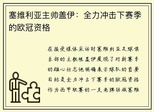 塞维利亚主帅盖伊：全力冲击下赛季的欧冠资格
