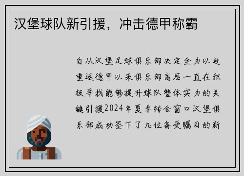 汉堡球队新引援，冲击德甲称霸