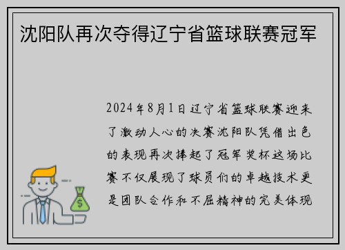 沈阳队再次夺得辽宁省篮球联赛冠军