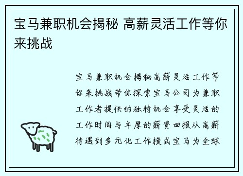 宝马兼职机会揭秘 高薪灵活工作等你来挑战