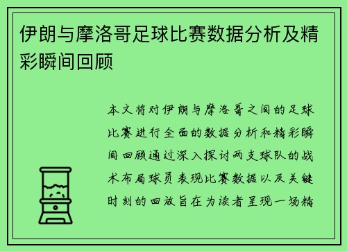 伊朗与摩洛哥足球比赛数据分析及精彩瞬间回顾