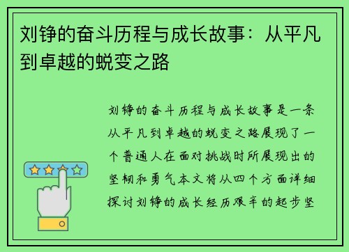 刘铮的奋斗历程与成长故事：从平凡到卓越的蜕变之路