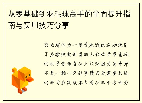 从零基础到羽毛球高手的全面提升指南与实用技巧分享