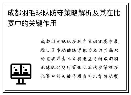 成都羽毛球队防守策略解析及其在比赛中的关键作用